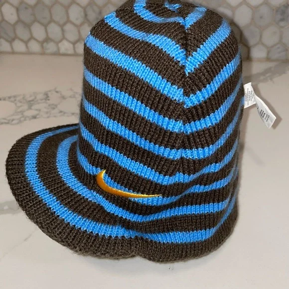 Nike Hat Youth Reversible Brown Blue Knit Sideways Rim Beanie Logo Swoosh Kids S - Picture 5 of 10